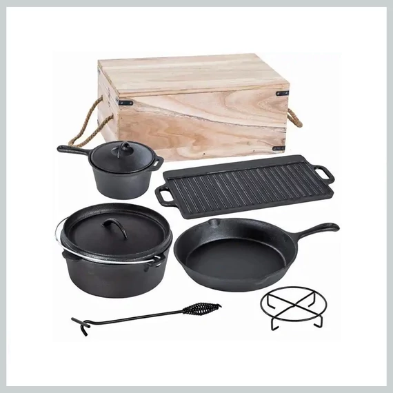 Perfect Home Litinový BBQ grilový set s dřevěnou krabicí 6+1 dílný / Holandská pec 28340