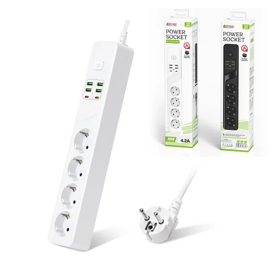 Síťová prodlužovačka, 4 zásuvky 4xUSB 5V/4,2A, 2xTyp-C 4A 2 metry, 3000W ochrana proti přetížení BKL-03EU
