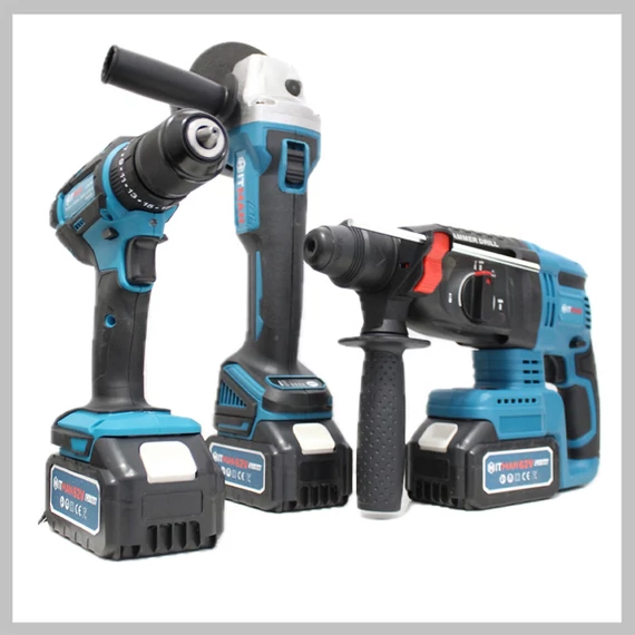 HITMAN úhlová bruska, šroubovák, příklepová vrtačka – bezuhlíková sada HT/BACD-4V3SL