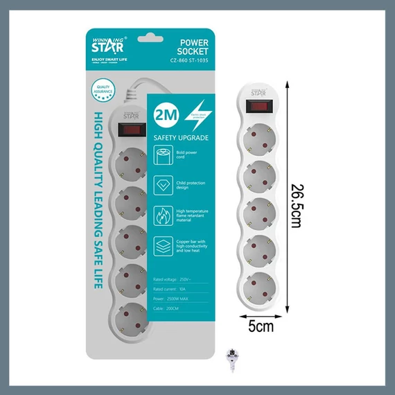 Winning Star Síťová rozbočka 5 zásuvek, 1 přepínač ST-1035