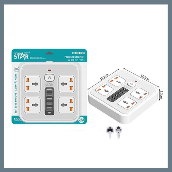 Winning Star Přepěťová ochrana, rozbočka s plochou zástrčkou, 4 AC zásuvky, 5 USB a 1 Type C port ST-4031-L