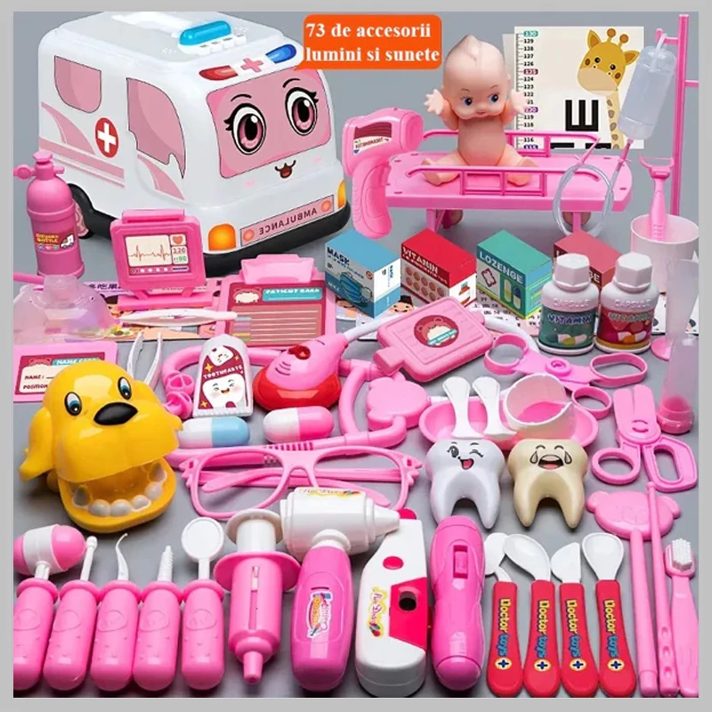 PROCART Zdravotnická sada pro děti, 73 dílků, stetoskop, injekce, sanitka, světla, zvuky 839-023-PINK
