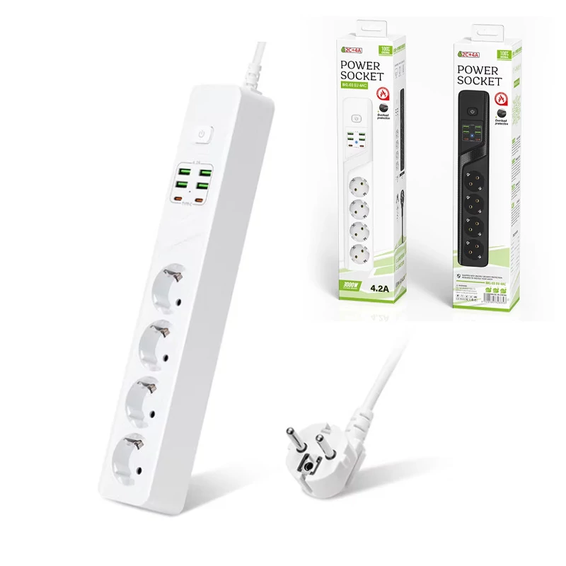 Síťová prodlužovačka, 4 zásuvky 4xUSB 5V/4,2A, 2xTyp-C 4A 2 metry, 3000W ochrana proti přetížení BKL-03EU