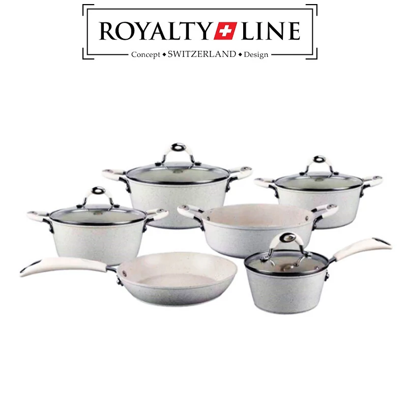 Royalty Line 10-dílná sada nádobí, se skleněným víkem, mramorový povrch RL-5010CRM